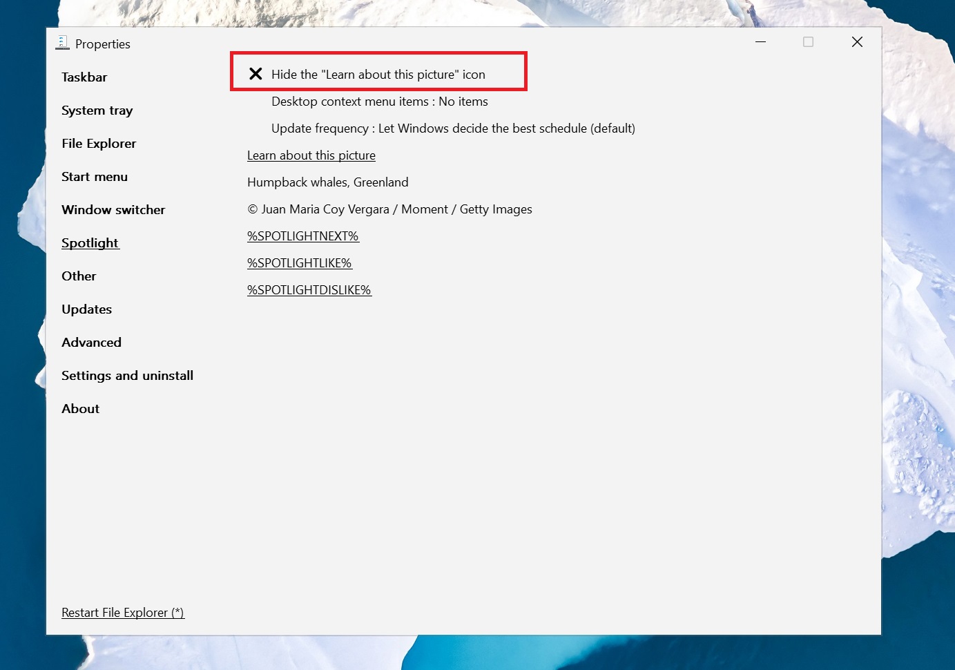 hide the learn about this picture icon windows 11 24h2