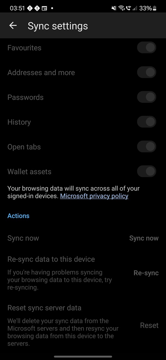 Reset sync in Microsoft Edge for Android